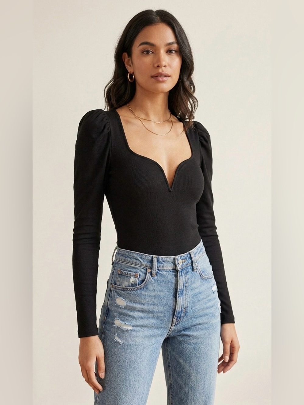 LPA Revolve Black Sweetheart V-Neck Puff Sleeve Long Sleeve Bodysuit